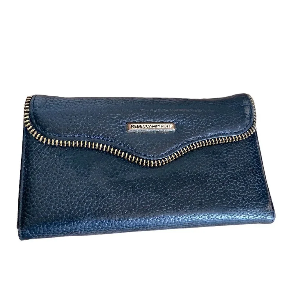 Rebecca Minkoff Cell Phone Wallet Black Pebbled Leather Clutch Gold Zip